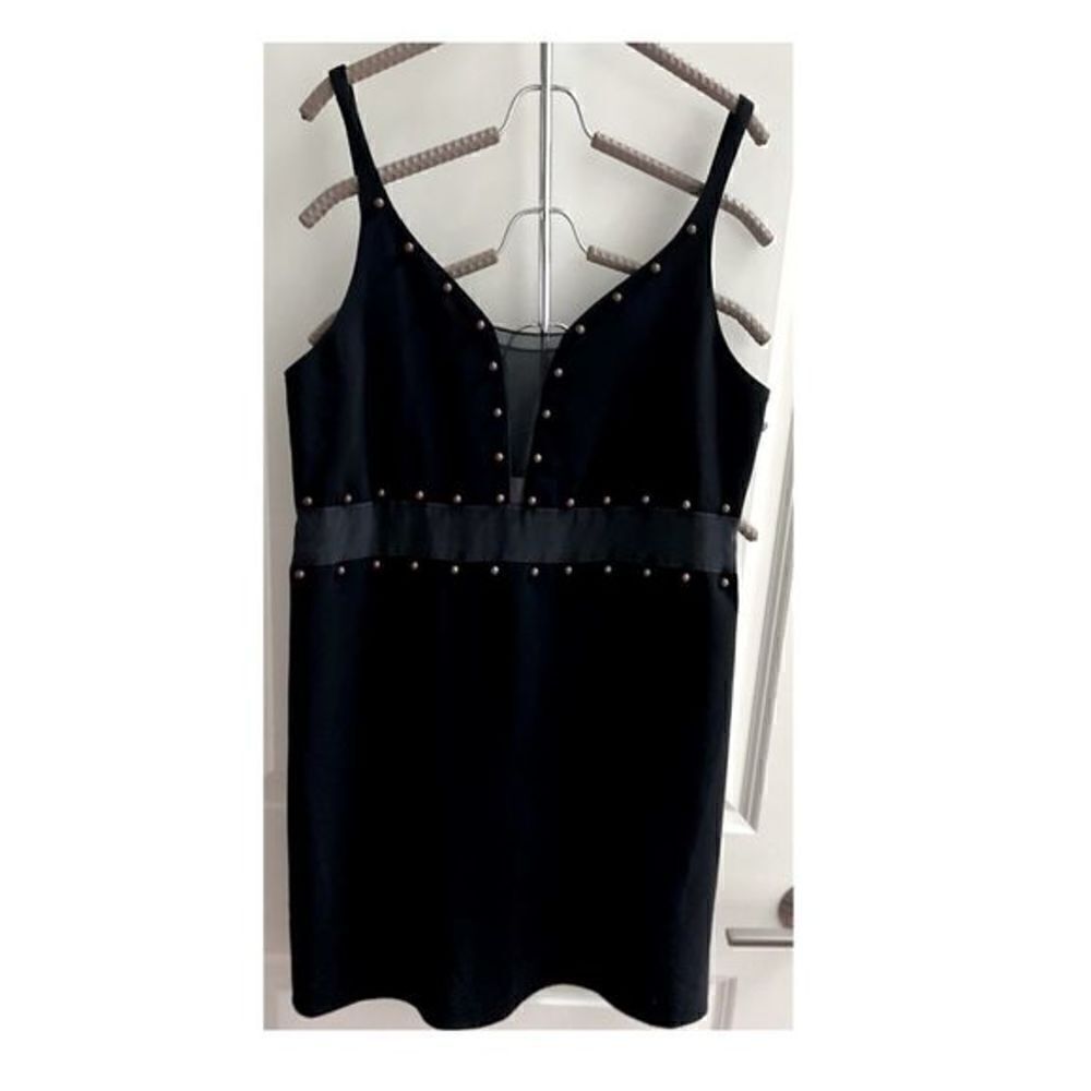 Cinq a Sept Black Mini Dress w Gold Beading